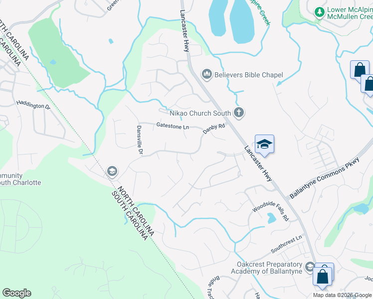 map of restaurants, bars, coffee shops, grocery stores, and more near 12300 Danby Road in Pineville