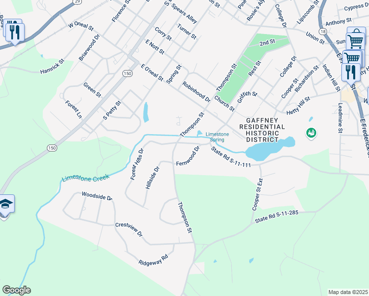 map of restaurants, bars, coffee shops, grocery stores, and more near 104 Fernwood Dr in Gaffney