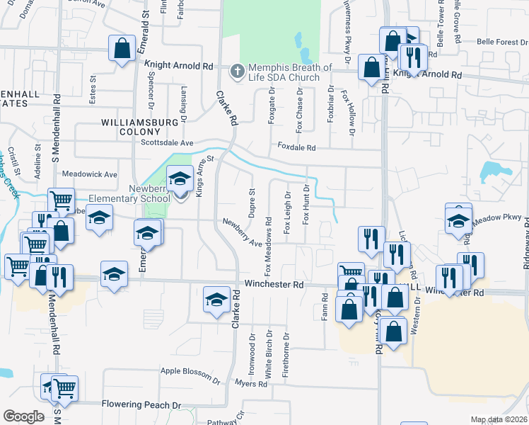 map of restaurants, bars, coffee shops, grocery stores, and more near 3482 Dupre Street in Memphis