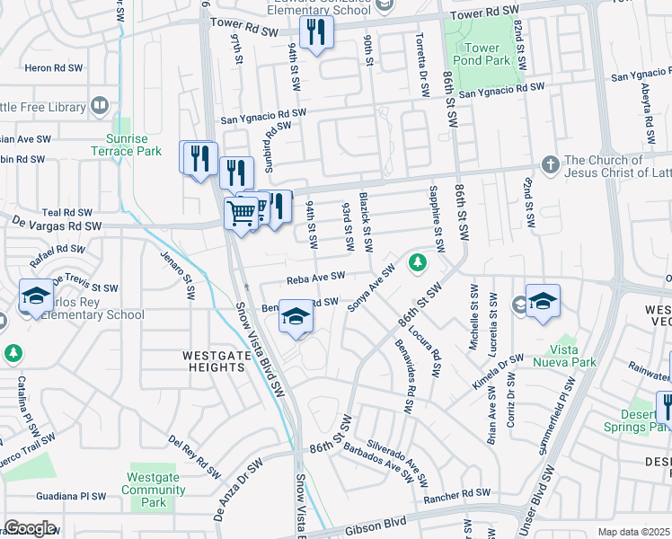 map of restaurants, bars, coffee shops, grocery stores, and more near 9304 Reba Avenue Southwest in Albuquerque