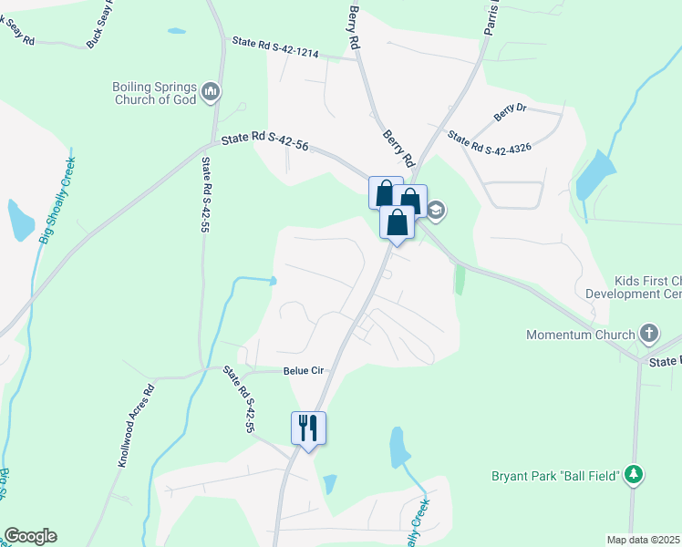 map of restaurants, bars, coffee shops, grocery stores, and more near 408 Hunting Crest Court in Boiling Springs