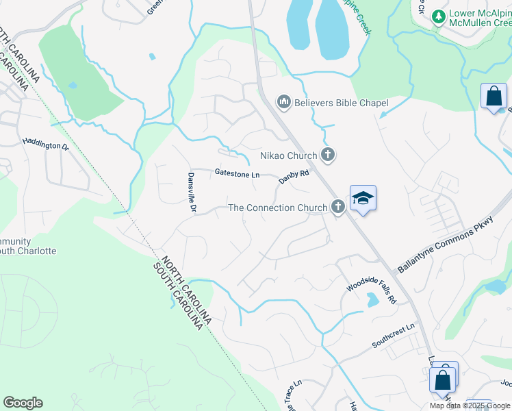 map of restaurants, bars, coffee shops, grocery stores, and more near 12300 Danby Road in Pineville