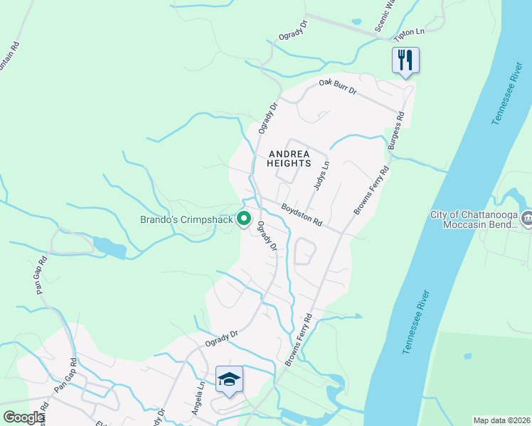 map of restaurants, bars, coffee shops, grocery stores, and more near 1030 Ogrady Drive in Chattanooga