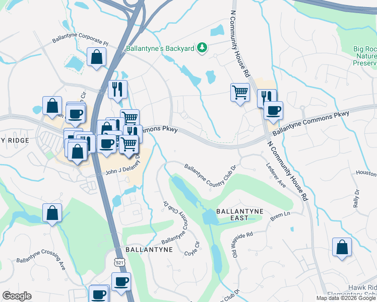 map of restaurants, bars, coffee shops, grocery stores, and more near 13901 Summit Commons Boulevard in Charlotte