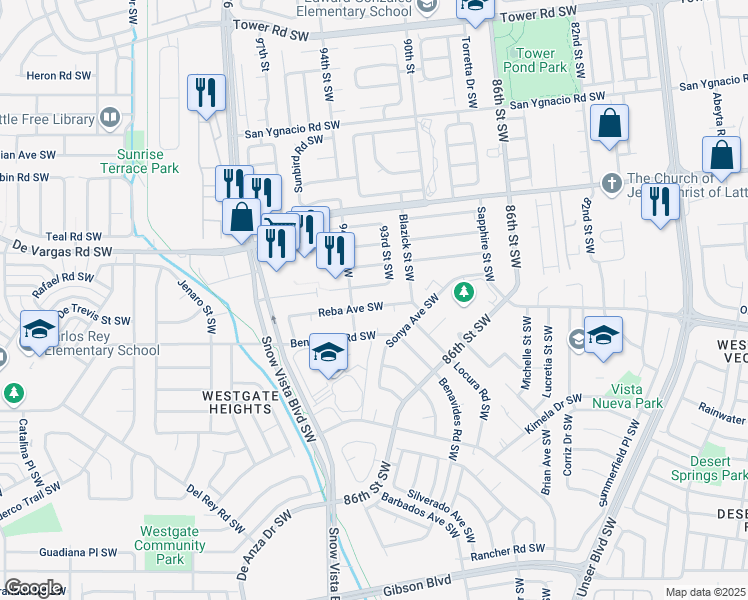 map of restaurants, bars, coffee shops, grocery stores, and more near 9304 Reba Avenue Southwest in Albuquerque