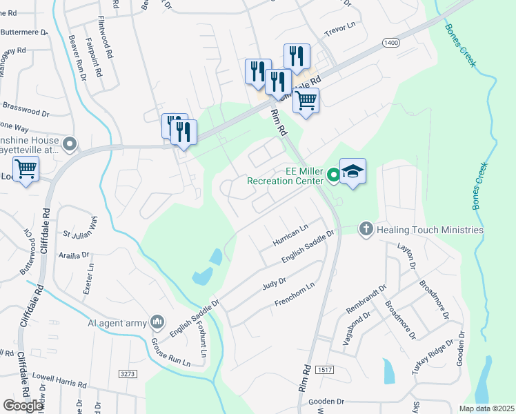 map of restaurants, bars, coffee shops, grocery stores, and more near 8378 Olted Road in Fayetteville