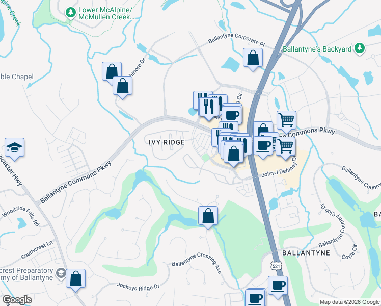 map of restaurants, bars, coffee shops, grocery stores, and more near 14409 San Paolo Lane in Charlotte