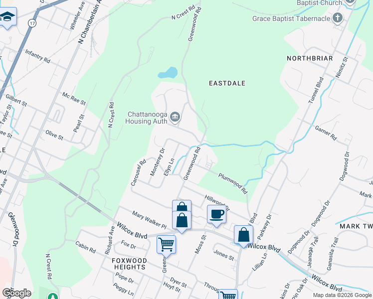 map of restaurants, bars, coffee shops, grocery stores, and more near 1715 Cambridge Drive in Chattanooga