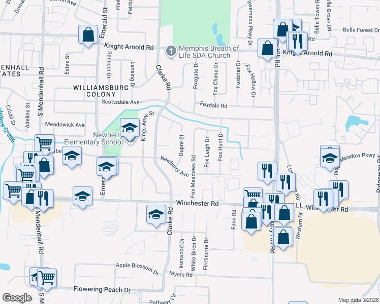 map of restaurants, bars, coffee shops, grocery stores, and more near 3482 Dupre Street in Memphis