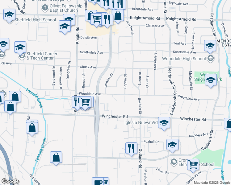 map of restaurants, bars, coffee shops, grocery stores, and more near 4748 Wooddale Avenue in Memphis