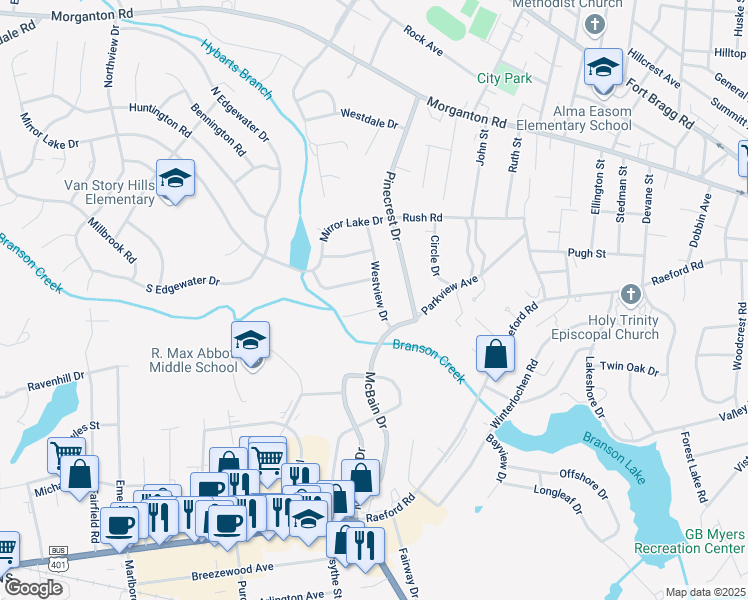 map of restaurants, bars, coffee shops, grocery stores, and more near 2208 Westhaven Drive in Fayetteville