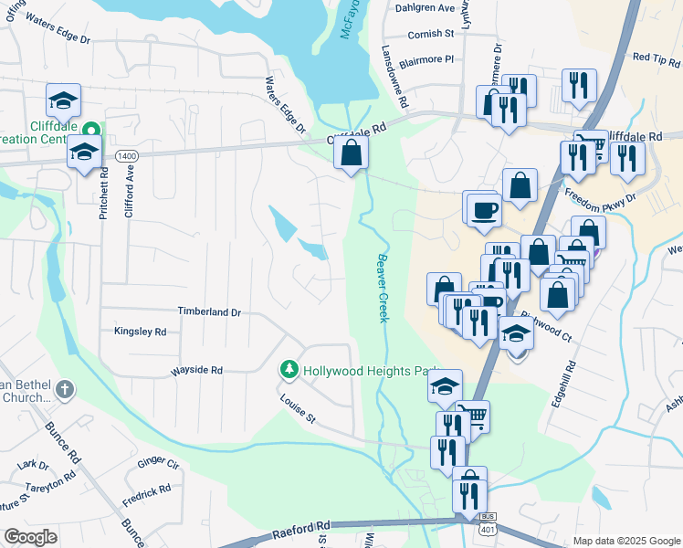 map of restaurants, bars, coffee shops, grocery stores, and more near 645 Brandermill Road in Fayetteville