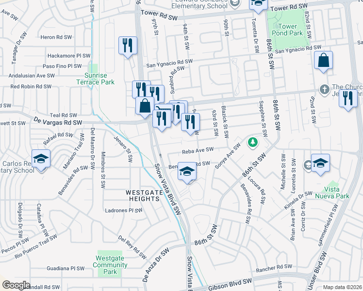 map of restaurants, bars, coffee shops, grocery stores, and more near 9601 Reba Avenue Southwest in Albuquerque