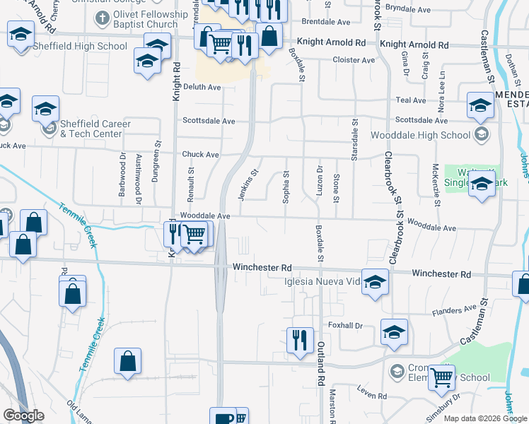 map of restaurants, bars, coffee shops, grocery stores, and more near 4748 Wooddale Avenue in Memphis