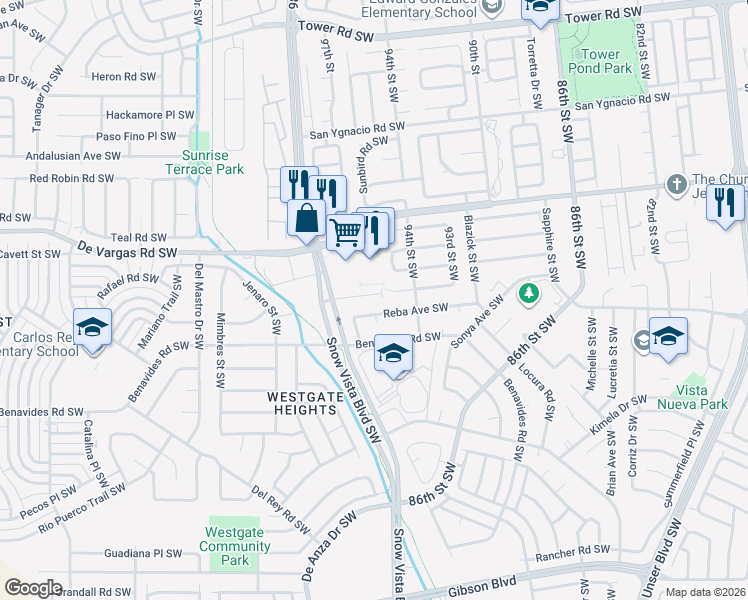 map of restaurants, bars, coffee shops, grocery stores, and more near 9601 Reba Avenue Southwest in Albuquerque