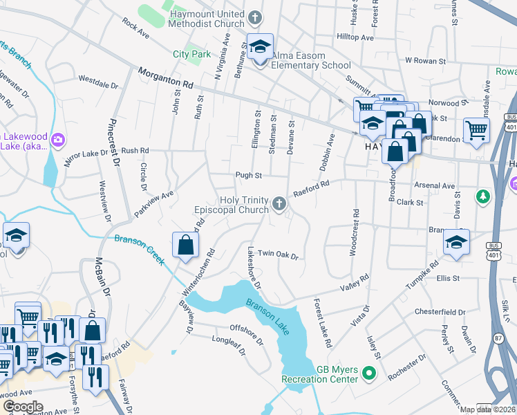 map of restaurants, bars, coffee shops, grocery stores, and more near 1703 Raeford Rd in Fayetteville