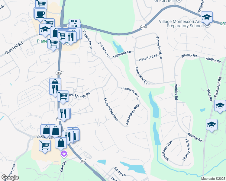 map of restaurants, bars, coffee shops, grocery stores, and more near 4512 Shadow Moss Circle in Fort Mill