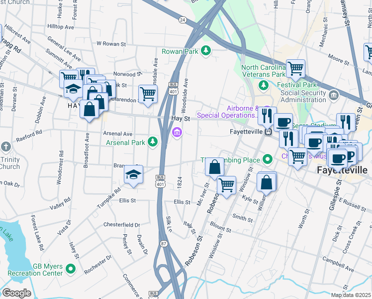 map of restaurants, bars, coffee shops, grocery stores, and more near 208 Fountainhead Lane in Fayetteville