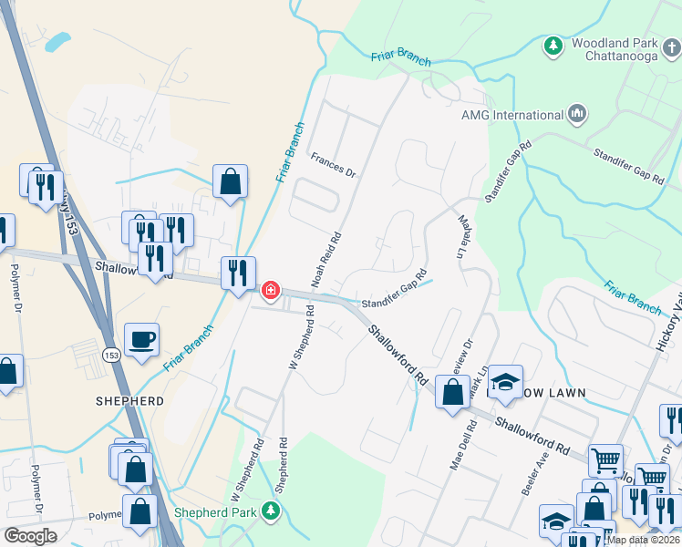 map of restaurants, bars, coffee shops, grocery stores, and more near 2305 Gale Lane in Chattanooga