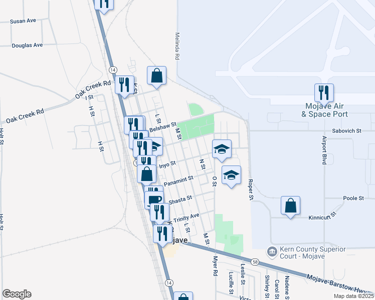 map of restaurants, bars, coffee shops, grocery stores, and more near 15923 M Street in Mojave