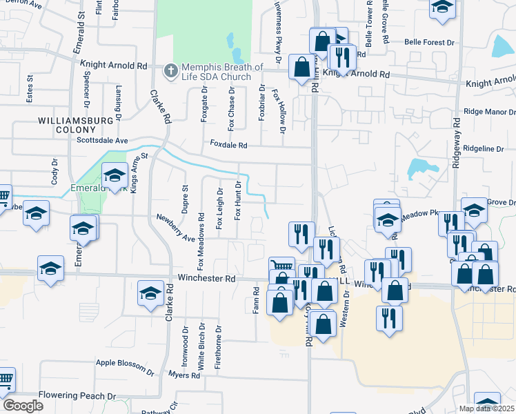 map of restaurants, bars, coffee shops, grocery stores, and more near 5819 Fox Lair Avenue in Memphis