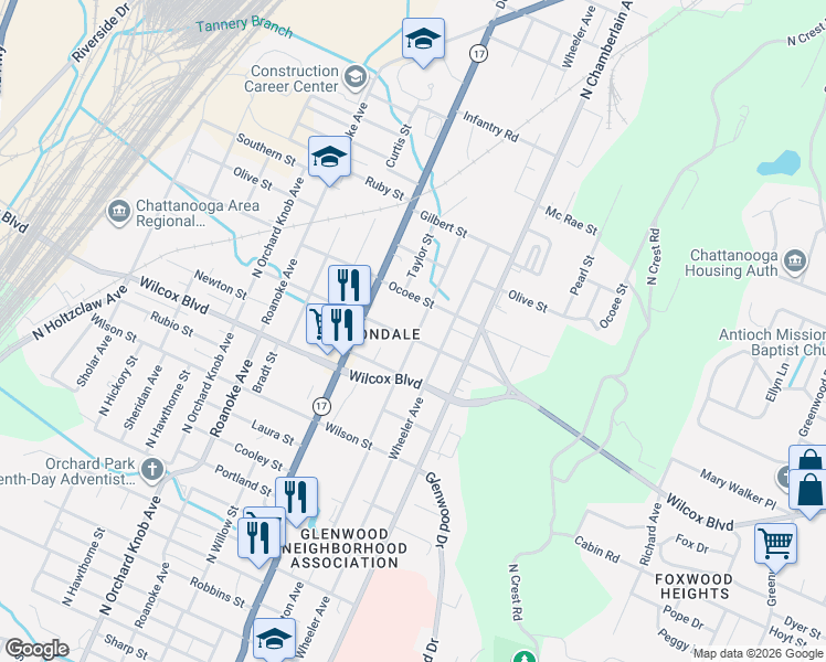 map of restaurants, bars, coffee shops, grocery stores, and more near 1515 Arlington Avenue in Chattanooga