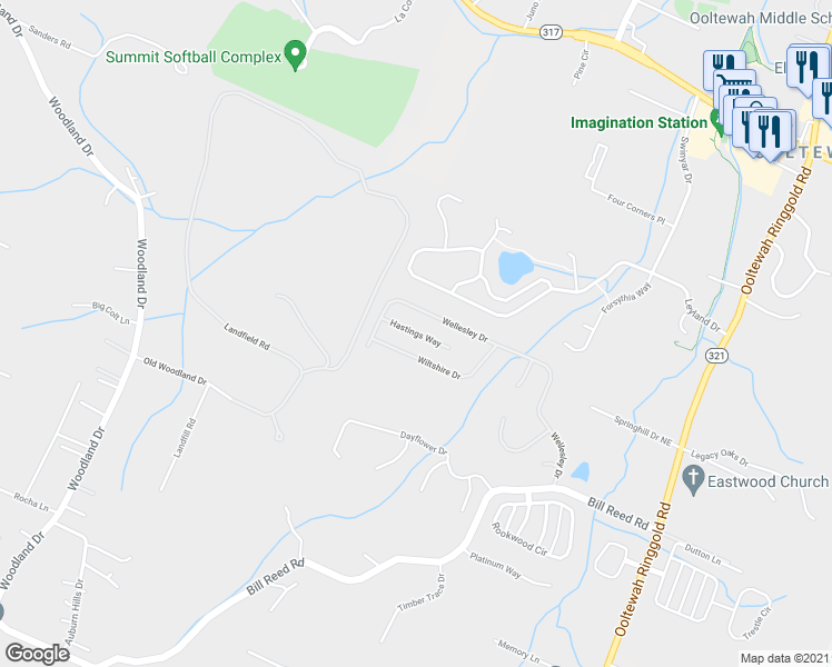 map of restaurants, bars, coffee shops, grocery stores, and more near 9542 Hastings Way in Ooltewah