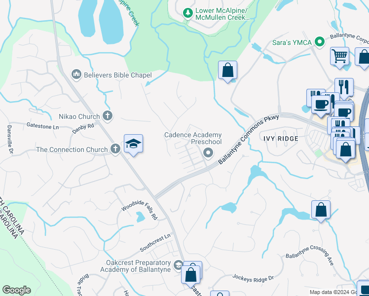 map of restaurants, bars, coffee shops, grocery stores, and more near 11223 Blue Cedar Lane in Charlotte