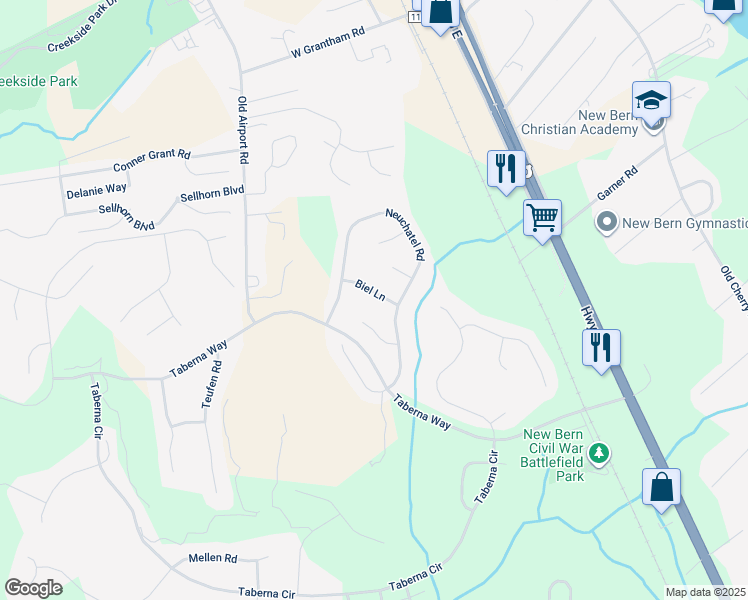map of restaurants, bars, coffee shops, grocery stores, and more near 107 Biel Lane in New Bern
