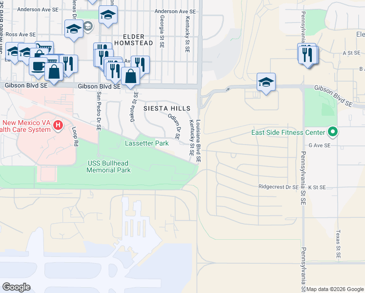 map of restaurants, bars, coffee shops, grocery stores, and more near 2821 Ridgecrest Drive Southeast in Albuquerque
