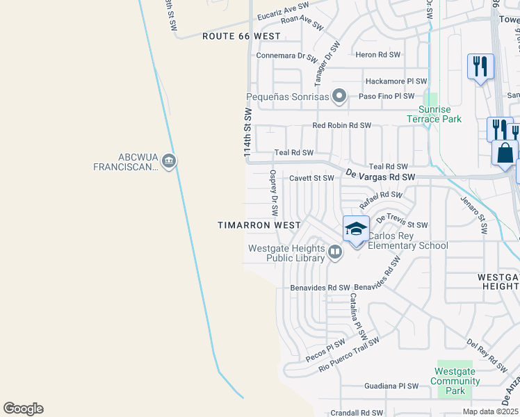 map of restaurants, bars, coffee shops, grocery stores, and more near 11205 Egret Court Southwest in Albuquerque