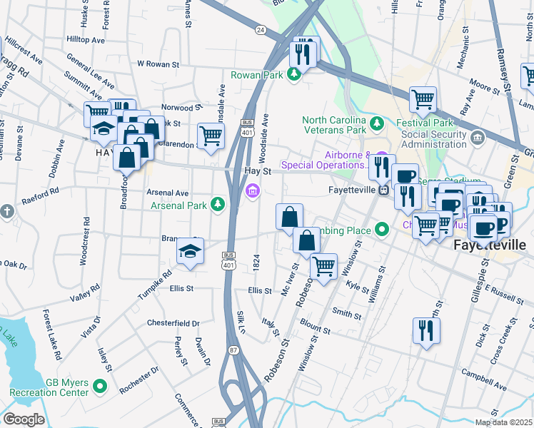 map of restaurants, bars, coffee shops, grocery stores, and more near 219 Bradford Avenue in Fayetteville