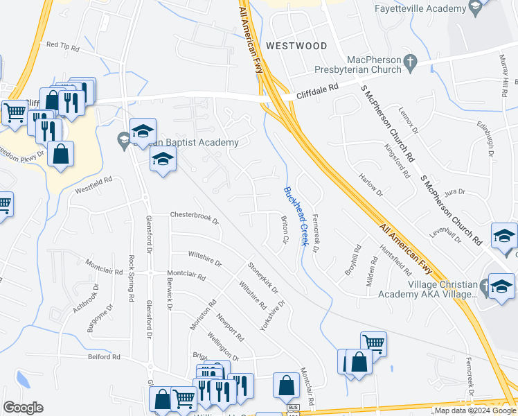 map of restaurants, bars, coffee shops, grocery stores, and more near 4476 Briton Circle in Fayetteville