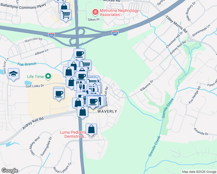 map of restaurants, bars, coffee shops, grocery stores, and more near 11213 Kilkenny Drive in Charlotte