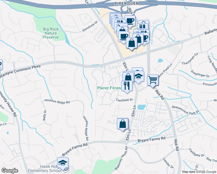 map of restaurants, bars, coffee shops, grocery stores, and more near 8825 Scotch Heather Way in Charlotte