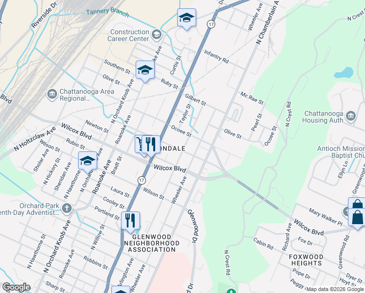 map of restaurants, bars, coffee shops, grocery stores, and more near 1515 Arlington Avenue in Chattanooga