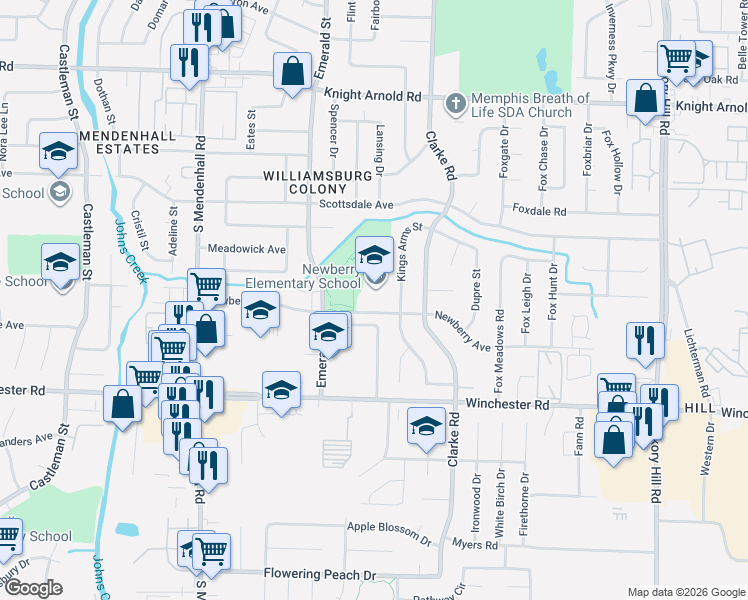 map of restaurants, bars, coffee shops, grocery stores, and more near 5552 Emerald Hills Drive in Memphis