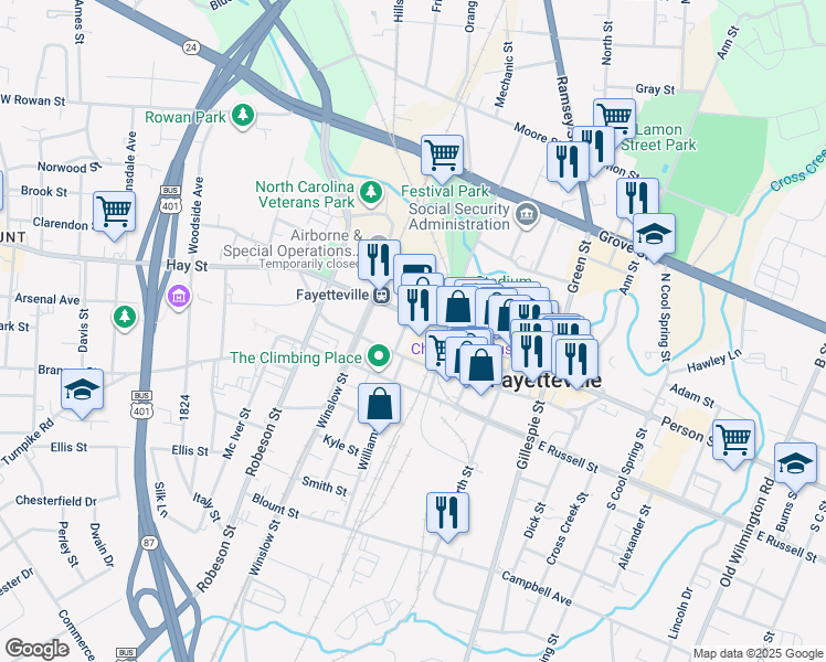 map of restaurants, bars, coffee shops, grocery stores, and more near 433 Hay Street in Fayetteville