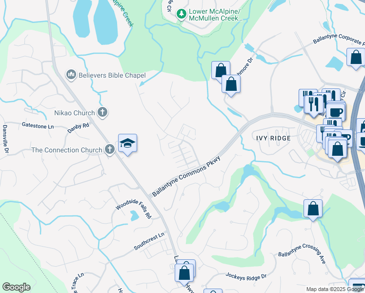 map of restaurants, bars, coffee shops, grocery stores, and more near 11211 Blue Cedar Lane in Charlotte