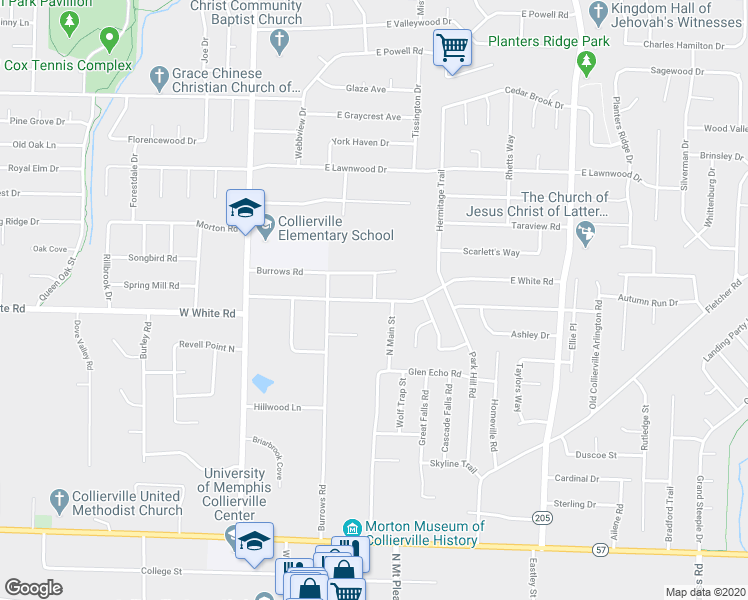 map of restaurants, bars, coffee shops, grocery stores, and more near 501 Carruthers Road in Collierville