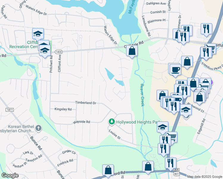 map of restaurants, bars, coffee shops, grocery stores, and more near 3159 Wisteria Lane in Fayetteville