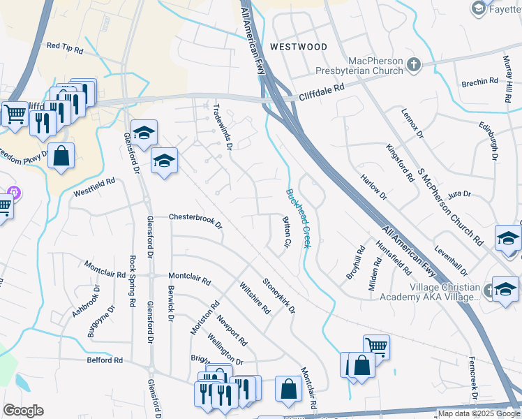 map of restaurants, bars, coffee shops, grocery stores, and more near 4476 Briton Circle in Fayetteville