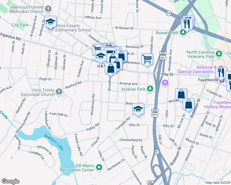map of restaurants, bars, coffee shops, grocery stores, and more near 313 Broadfoot Avenue in Fayetteville