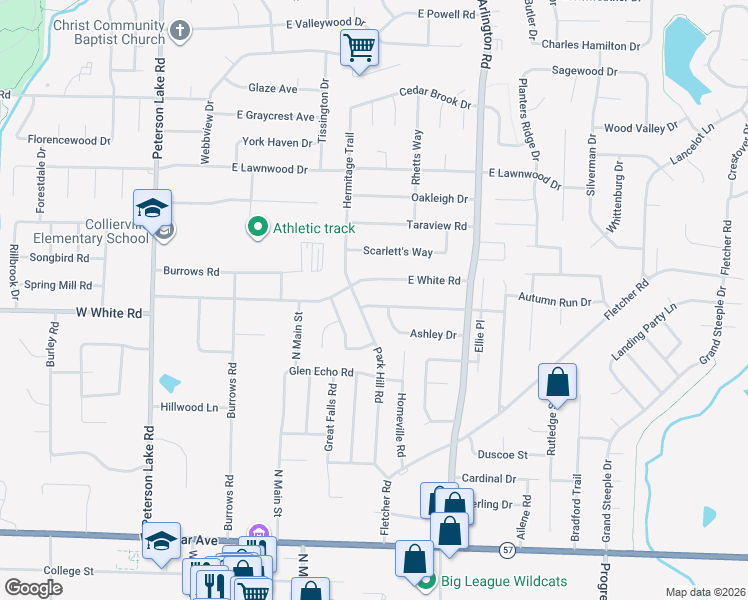 map of restaurants, bars, coffee shops, grocery stores, and more near 503 Park Hill Road in Collierville
