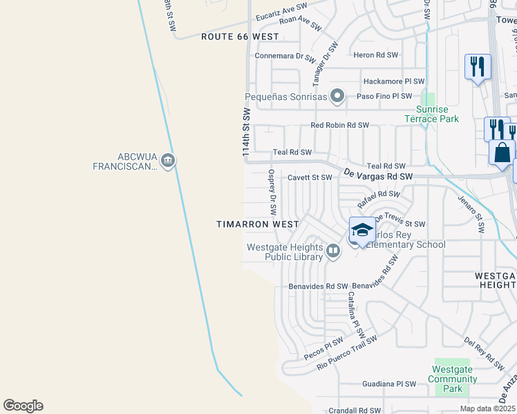 map of restaurants, bars, coffee shops, grocery stores, and more near 11205 Egret Court Southwest in Albuquerque
