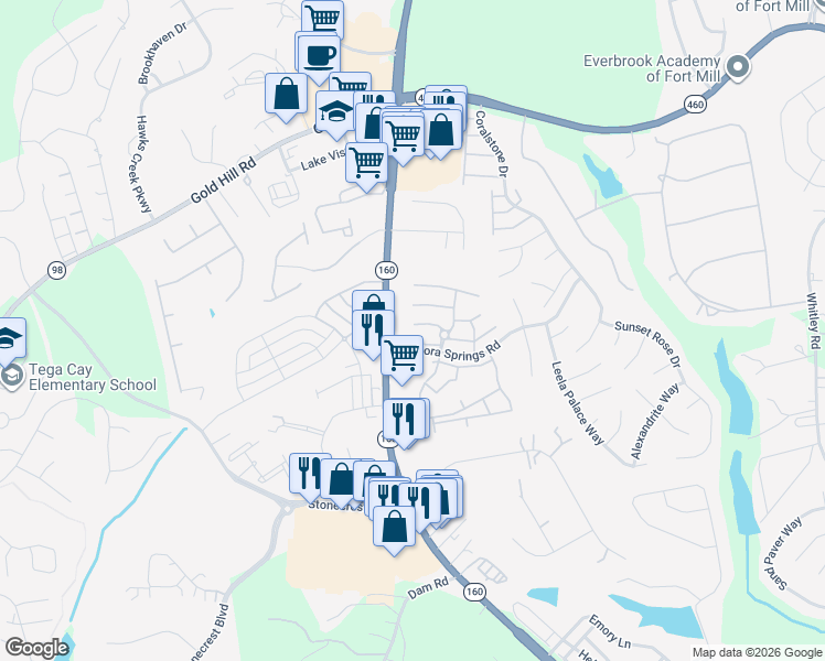 map of restaurants, bars, coffee shops, grocery stores, and more near 536 Bent Leaf Court in Fort Mill