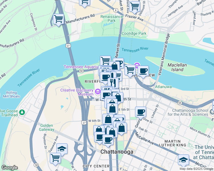 map of restaurants, bars, coffee shops, grocery stores, and more near 215 Broad Street in Chattanooga