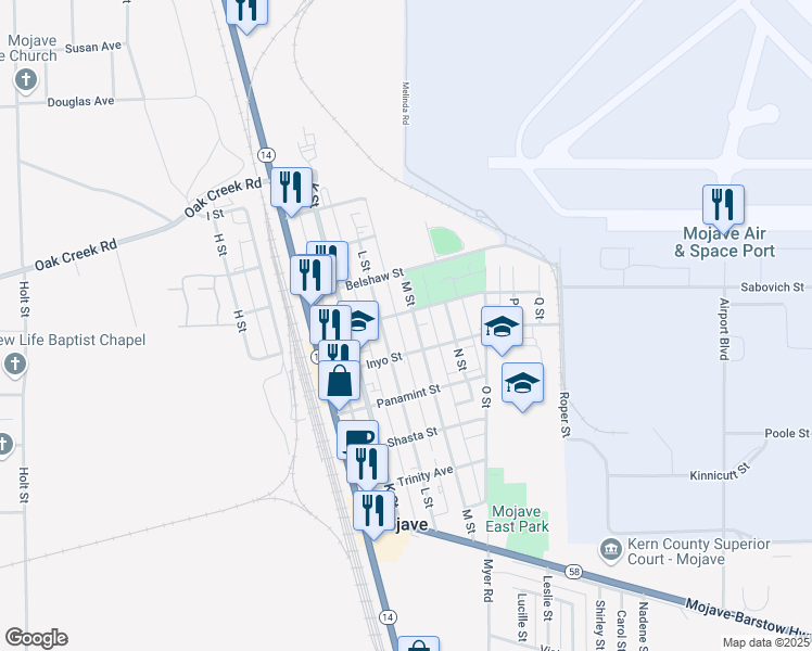 map of restaurants, bars, coffee shops, grocery stores, and more near 15951 M Street in Mojave
