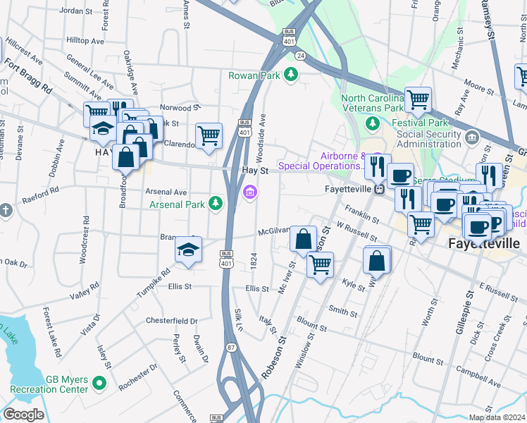 map of restaurants, bars, coffee shops, grocery stores, and more near 208 Fountainhead Lane in Fayetteville