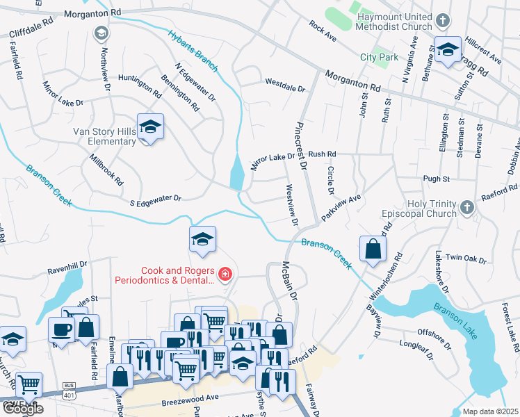 map of restaurants, bars, coffee shops, grocery stores, and more near 2231 Meadow Wood Road in Fayetteville